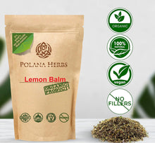 Load image into Gallery viewer, Lemon Balm Tea Organic Loose Leaves Herbal Tea (Mellisa Officinalis), Cut and Sifted, Stress Relief, Immune System Booster Phytonutrients, Increases Tranquility Mood Elevator, Caffeein Free, Food Graded Resealable Kraft Eco-Pack - polanaherbs