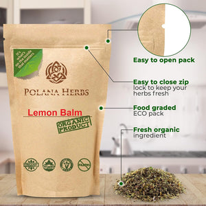 Lemon Balm Tea Organic Loose Leaves Herbal Tea (Mellisa Officinalis), Cut and Sifted, Stress Relief, Immune System Booster Phytonutrients, Increases Tranquility Mood Elevator, Caffeein Free, Food Graded Resealable Kraft Eco-Pack - polanaherbs